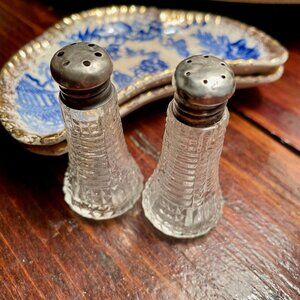 Vintage Salt & Pepper Shakers Set Small Pressed Glass Sterling Silver Lids
